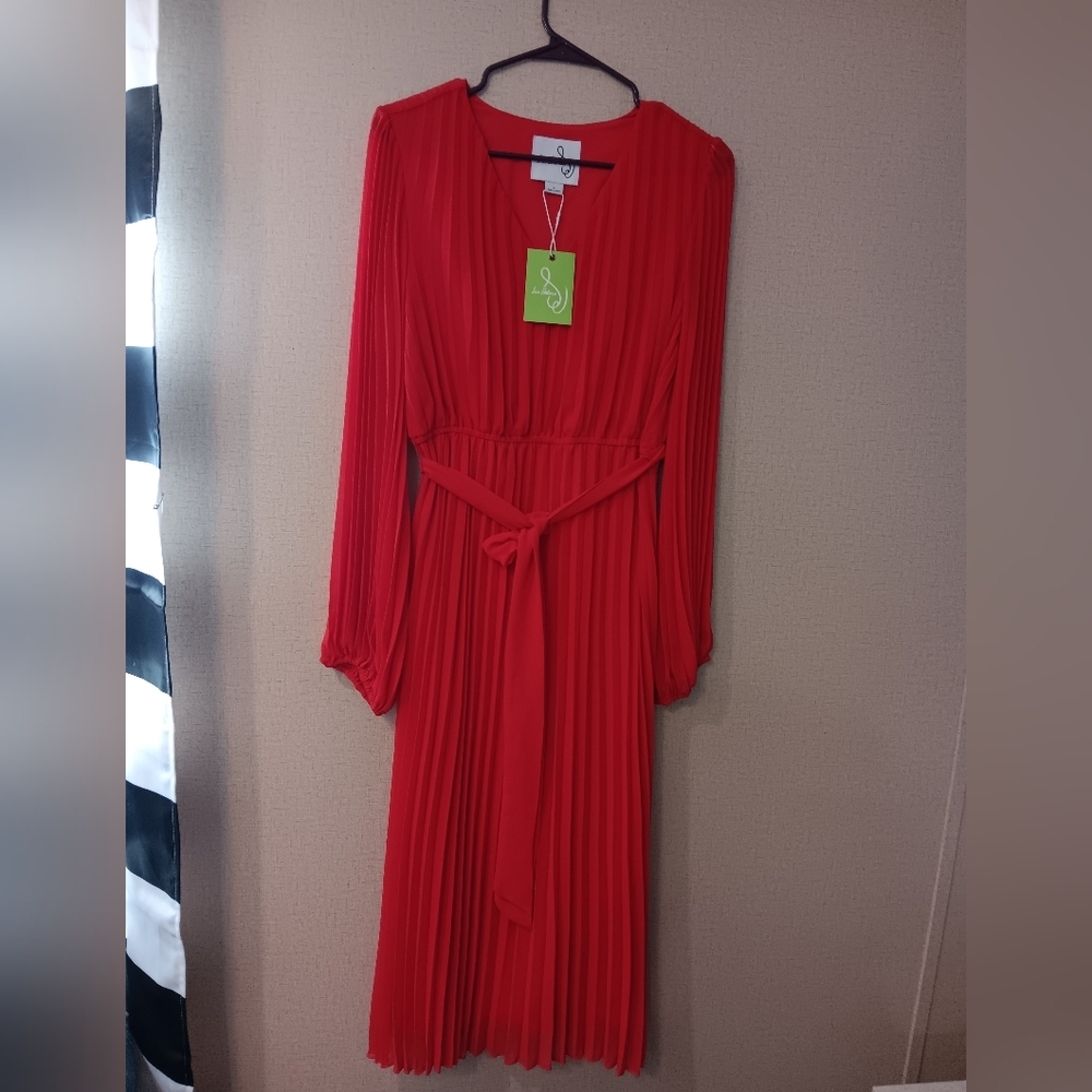 Sam Edelman Chiffon V-Neck Long Sleeve Pleated A-Line Midi Dress In Color Red - Picture 2 of 5